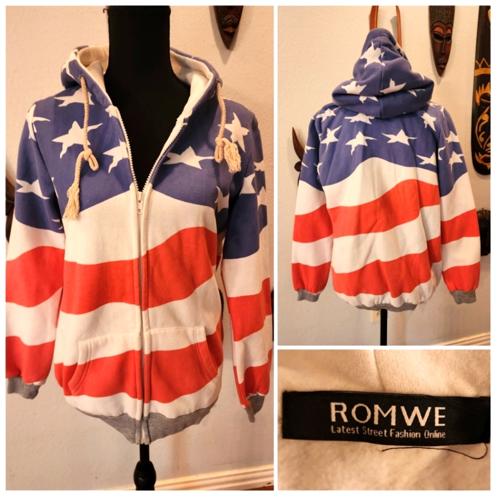 Red, White & Blue, American Flag Hoodie/Jacket, Zipper Closure, Size S/M